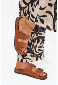 Dámské pantofle na korkové platformě s přezkami – camel