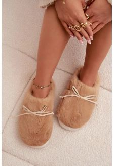 Dámské papuče s kožíškem a mašličkou – camel Minella
