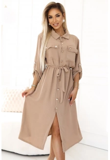 531-3 Szmizjerka midi ze złotymi guzikami i wiązaniem - MOCHA MOUSSE
