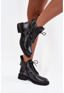 Lakované kožené dámské boty na podpatku D&A – tmavě modré