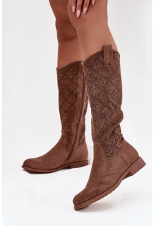 Dámské prolamované kozačky na plochém podpatku S.Barski – hnědé