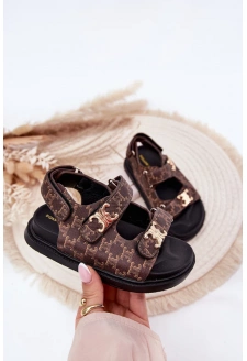 Dětské sandálky se suchými zipy se zlatými detaily – hnědé Cavina