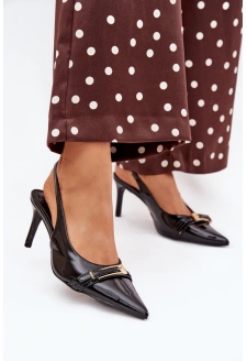 Dámské lakované lodičky na jehlovém podpatku se zlatou sponou Vivae – černé