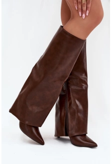 Dámské zateplené kozačky na jehlovém podpatku s vyhrnutou holení Tamonia – čokoládové, eko semiš
