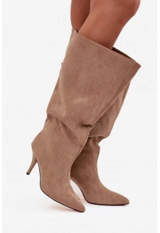 Dámské kozačky na jehlovém podpatku z ECO semiše Noretta – béžové