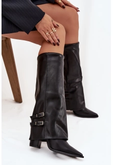 Dámské kotníkové boty Jessae na sloupkovém podpatku se zahnutou manžetou a sponami – černé