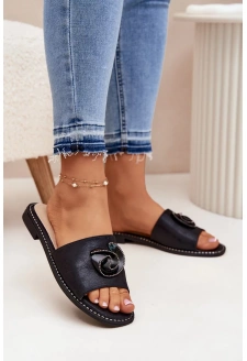 Dámské pantofle na nízkém podpatku s ozdobným detailem – černé