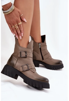 Dámské kotníkové boty z pravé kůže se sponami a ozdobným detailem Zazoo – tmavě béžové