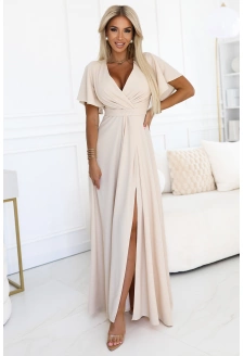 581-6 JENNIFER długa suknia z rozcięciem na nogę, rękawkiem i dekoltem - BEŻOWA
