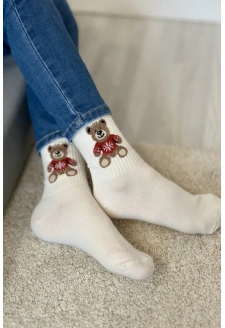 Dětské a juniorské ponožky s medvídkem ve svetru – ecru