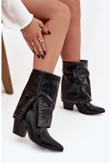 Dámské zateplené kotníkové „kovbojky“ s vyhrnutou cholewkou a zdobením – černé Inessia