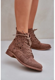 Dámské šněrovací kotníkové botky s perforovaným vzorem – hnědé S.Barski
