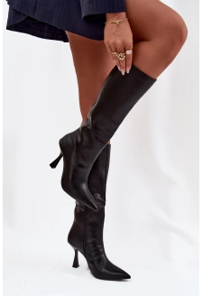 Dámské kozačky na jehlovém podpatku pod kolena Vionette – černé