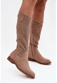 Dámské kozačky na plochém podpatku s prolamovaným vzorem S.Barski – béžové
