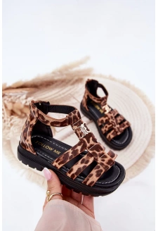 Dívčí sandálky gladiátorky se zlatým detailem s panterkovým vzorem – Vesira
