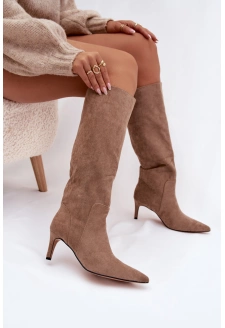 Dámské zateplené kozačky na jehlovém podpatku – tmavě béžové Arelisse