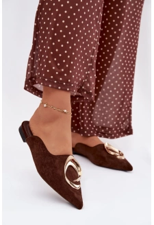 Dámské pantofle mule s ozdobným zlatým detailem – čokoládové Galvella