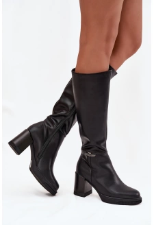 Dámské musketýrky z přírodní kůže na sloupkovém podpatku, zateplené Vinceza 66826 – černé