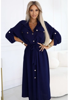 531-6 Szmizjerka midi ze złotymi guzikami i wiązaniem - GRANATOWA