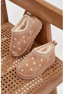 Dětské sněhule s květinami, zateplené kožíškem Palina – béžové