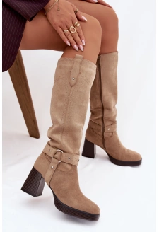 Dámské zateplené kozačky na podpatku s prošíváním Alessara – béžové