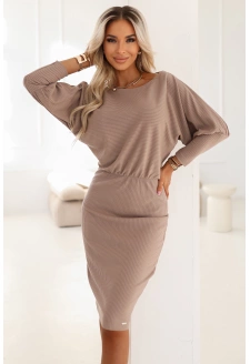 399-4 LARA Sukienka w prążki ze ściągaczami w rękawach - mocha mousse