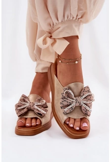 Dámské pantofle na klínku s mašlí – zlaté Moonzella