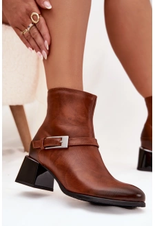 Dámské botky Zazoo – kožené, na podpatku s přezkou, hnědé