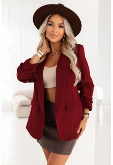 588-4 Damska klasyczna marynarka z drapowanymi rękawkami - bordowa