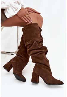 Dámské zateplené kozačky na podpatku s mačkanou holení Zazoo – hnědé, pravý semiš