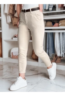 Spodnie damskie slim fit z paskiem TAIRONIK jasnobeżowe Dstreet UY2546