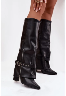 Dámské kozačky nad koleno na sloupkovém podpatku s ozdobným páskem Jolivine – černé