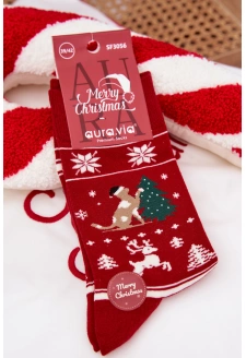 Pánské vánoční ponožky s motivem kočky a stromečku – červené