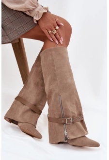 Dámské kozačky nad koleno na sloupkovém podpatku s ozdobným páskem Jolivine – béžové