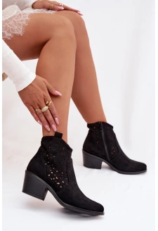 Dámské kovbojské kotníkové boty na podpatku s ažurovým vzorem S.Barski – černé