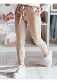 Spodnie damskie materiałowe chinosy z paskiem ROSSALI ciemnobeżowe Dstreet UY2536