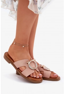 Dámské pantofle na nízkém podpatku s ozdobou Vinceza – béžové