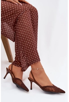 Dámské sandály z pleteného materiálu na jehlovém podpatku Hanelis – hnědé