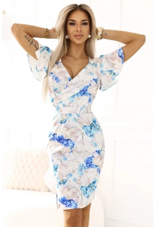 479-8 NINA sukienka z kopertowym dekoltem, rękawkiem i paskiem - BŁĘKITNE KWIATY