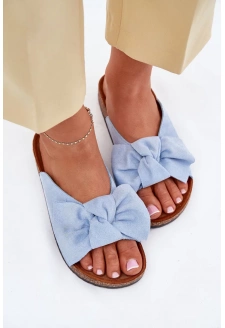 Dámské pantofle na korkové podešvi s mašlí – modré