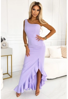 Dlouhé šaty s volánem a asymetrickým výstřihem - levandulové 