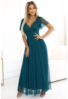 562-4 NASTIA Długa sukienka z dekoltem i krótkim rękawkiem - ZIELONA