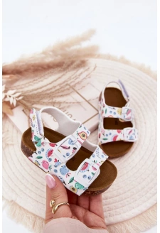 Dětské sandálky na korkové podešvi s přezkami s ovocným motivem – bílé Thessa