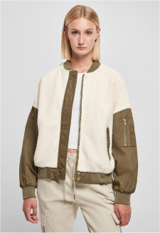 Dámská oversized Sherpa Mixed Bomber Jacket whitesand/darkolive