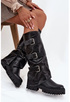 Dámské kozačky s teplou podšívkou se stříbrnými přezkami Isavine – černé
