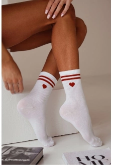 Dámské bavlněné ponožky s bordó srdcem a proužky – bílé