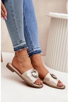 Dámské pantofle na nízkém podpatku s ozdobným detailem – zlaté