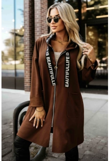 632-2 Casualowy płaszczyk z zamkiem i modnymi detalami - czekoladowy