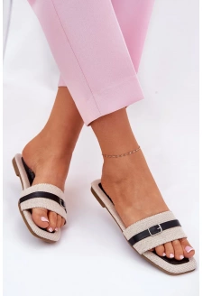 Dámské ploché pantofle s páskem a přezkou – béžovo-černé Zilina