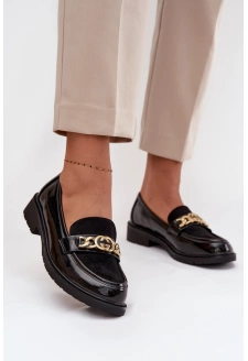 Lakované dámské mokasíny se zlatou ozdobou S.Barski – černé